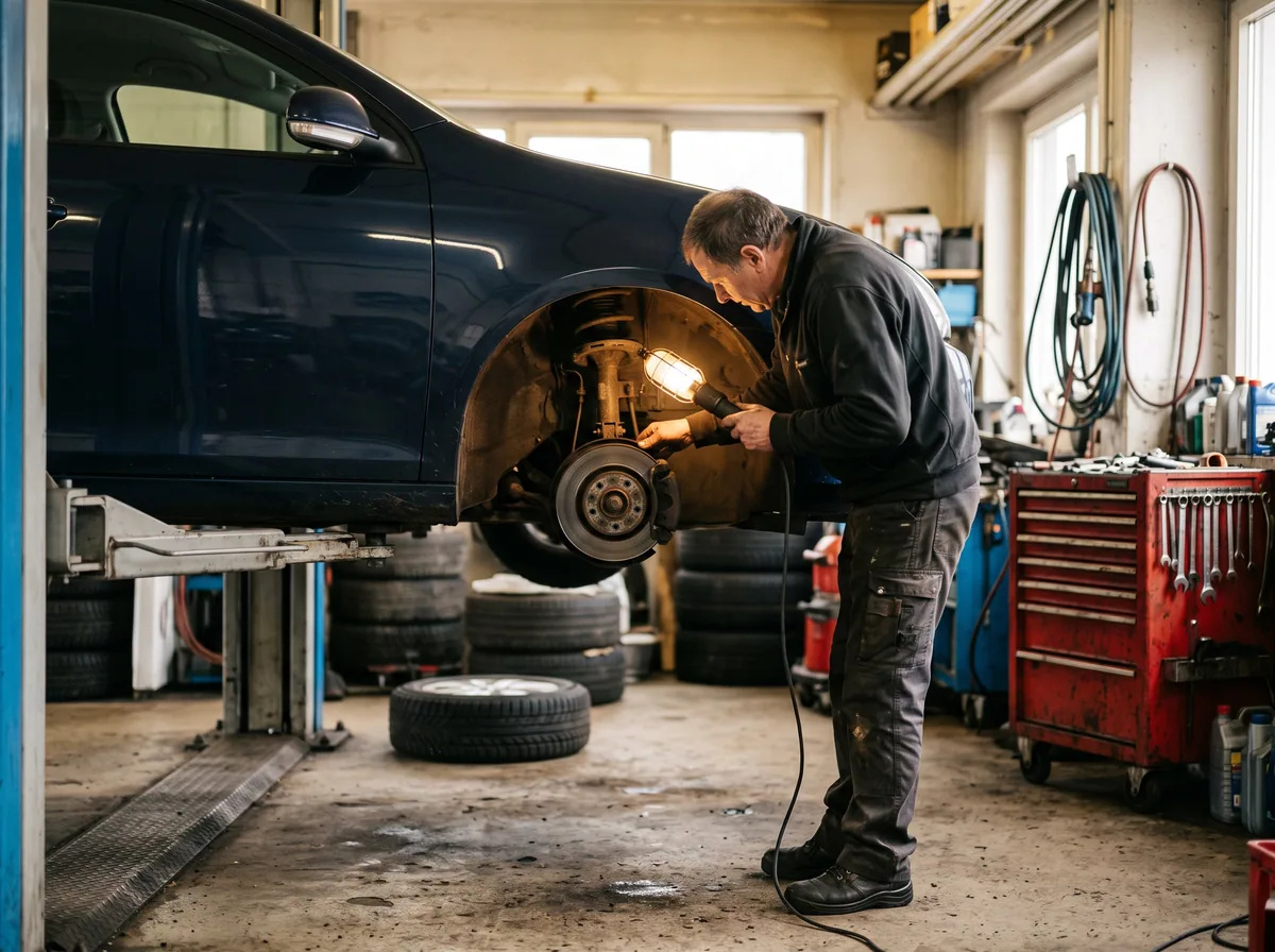 Mechaniker prüft das Rad eines dunklen Kombis auf der Hebebühne.
