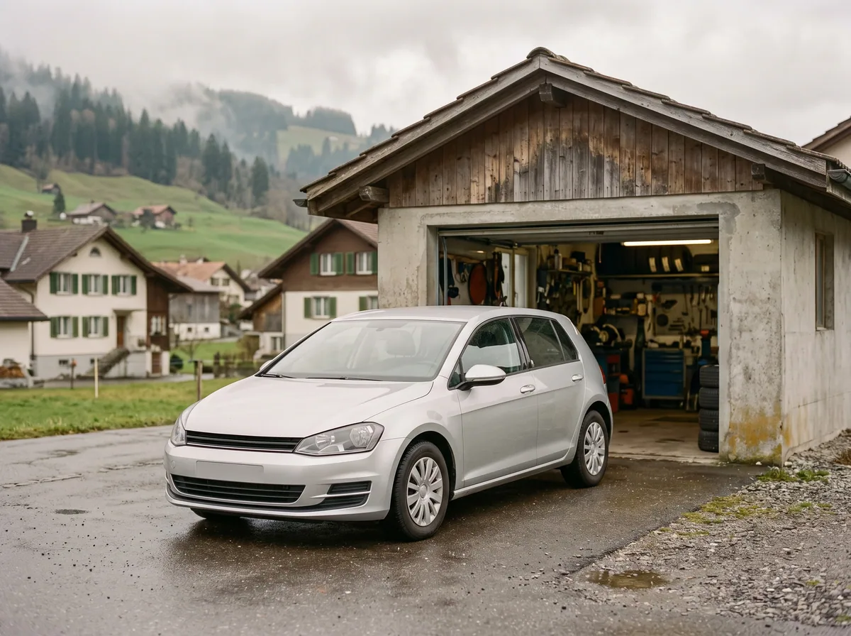 Silberner Kleinwagen vor einer kleinen Garage im Schweizer Dorf.