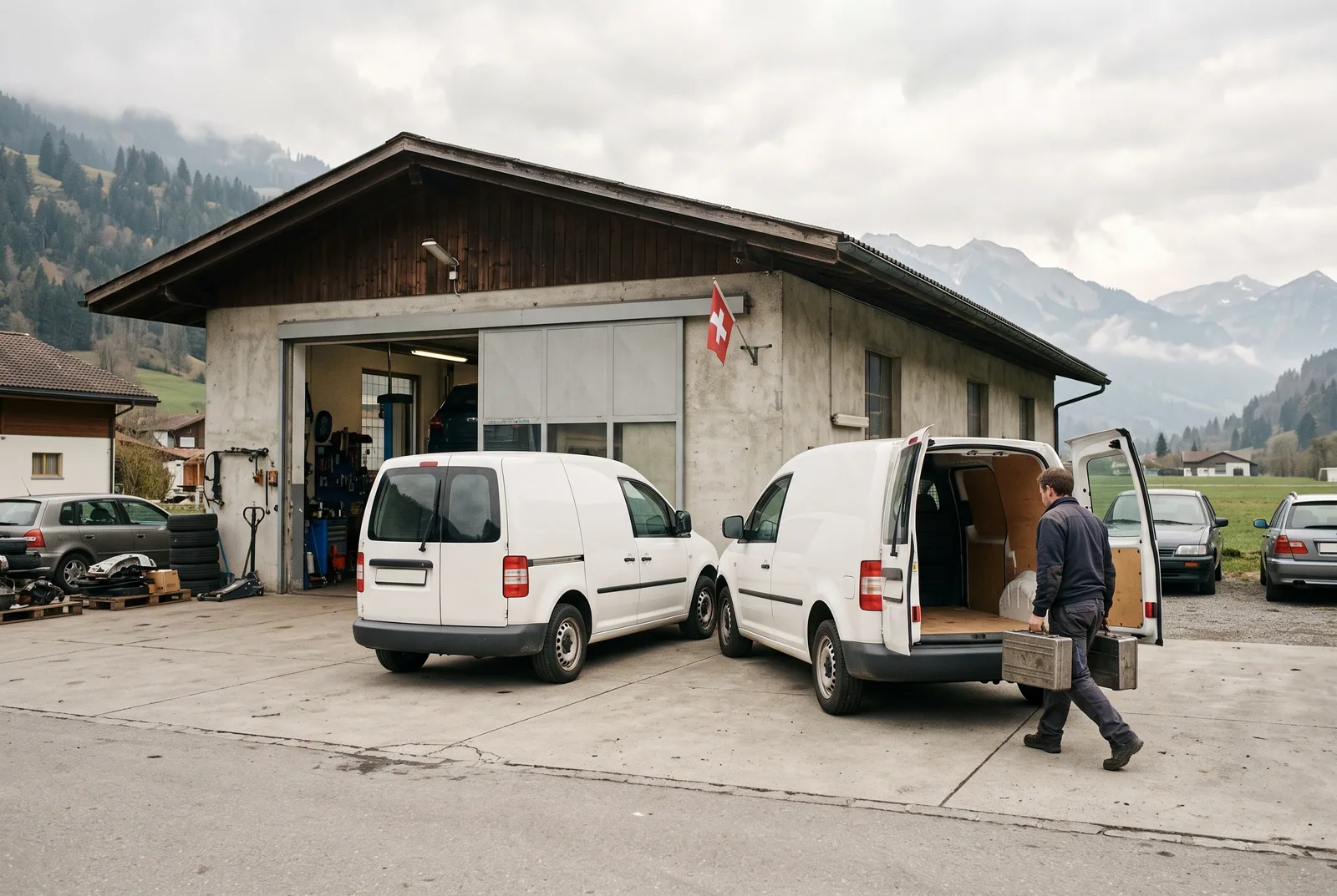 Zwei kleine weisse Lieferwagen vor einer Werkstatt in den Schweizer Bergen.