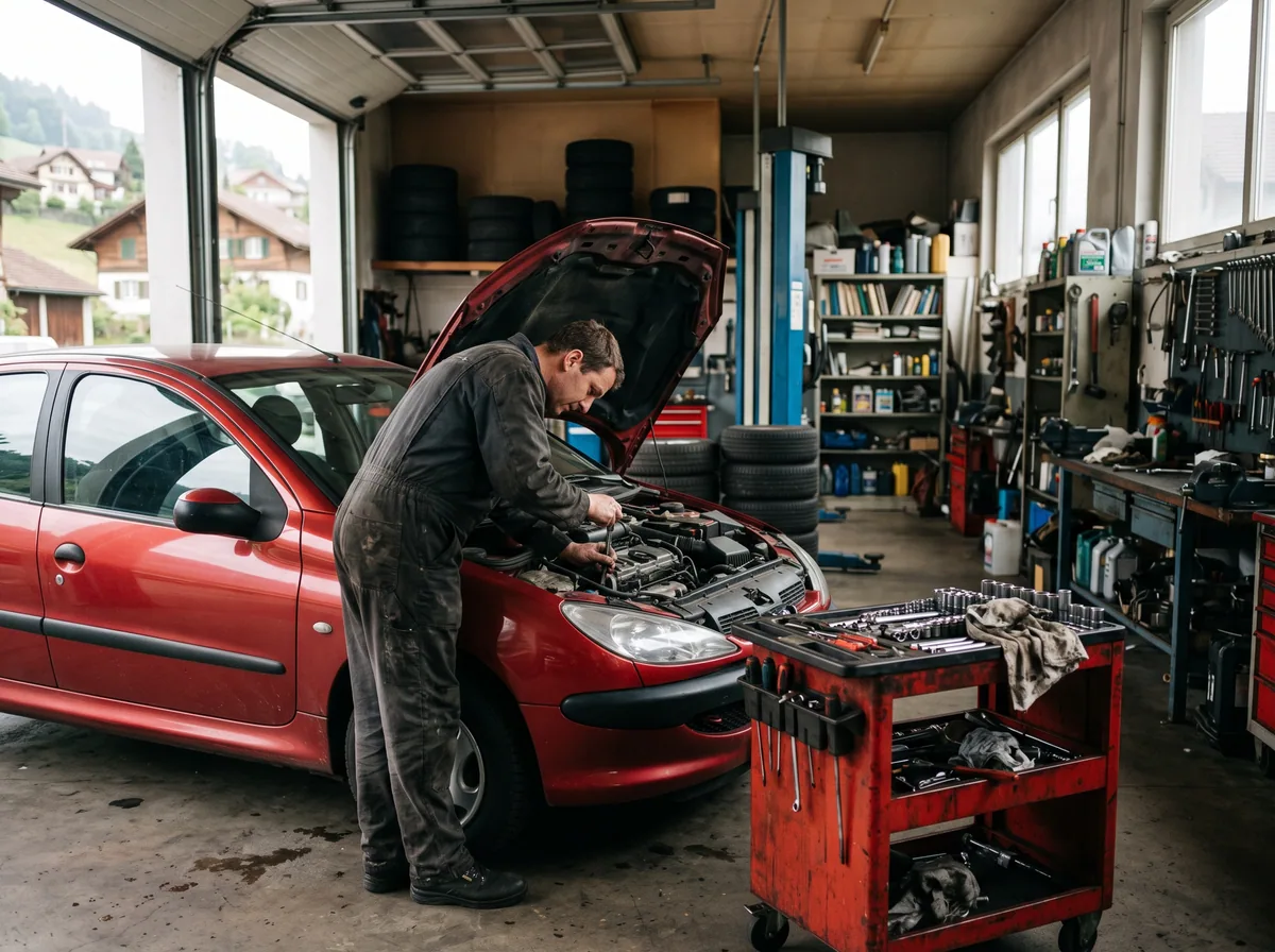 Mechaniker bei einer Reparatur im Motorraum eines roten Kleinwagens.