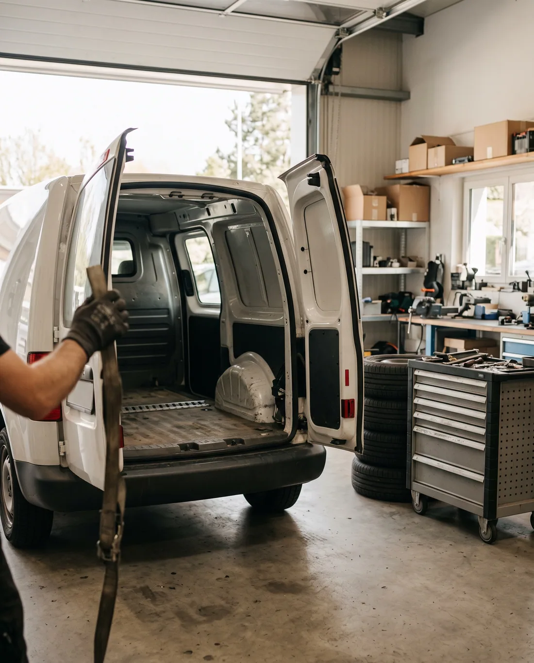 Weisser Kleintransporter mit geöffneten Hecktüren in der Werkstatt.